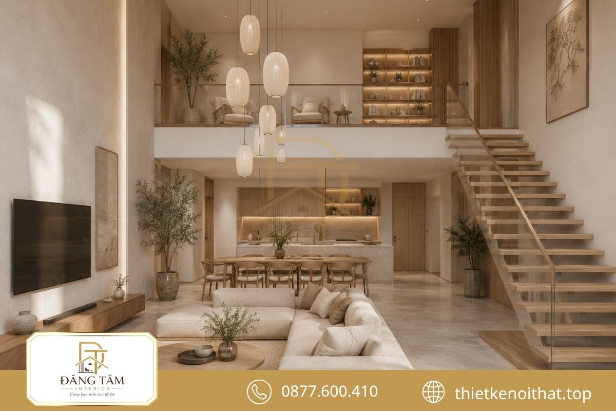 Gỗ sáng và gam màu ấm tạo không gian Japandi thư giãn. 