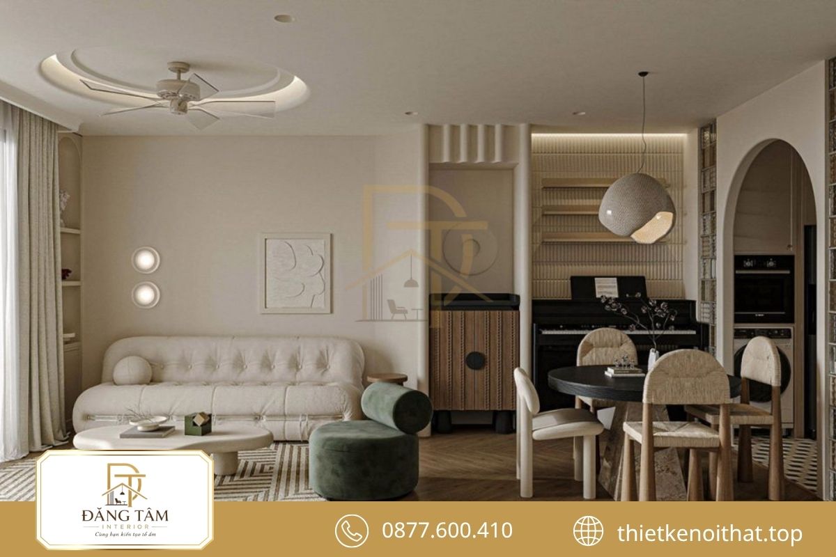 Thiết kế nội thất chung cư 110m2 Contemporary nổi bật với đường cong và gam trung tính 