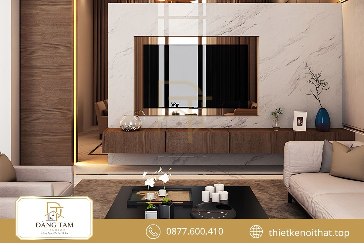 Thiết kế nội thất chung cư 110m2 Modern Luxury sang trọng với đá, gỗ và kim loại 