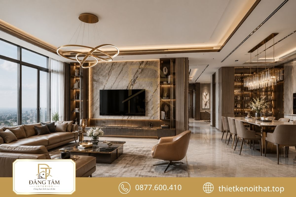 Penthouse Luxury nổi bật với đá tự nhiên, da và kim loại sang trọng. 