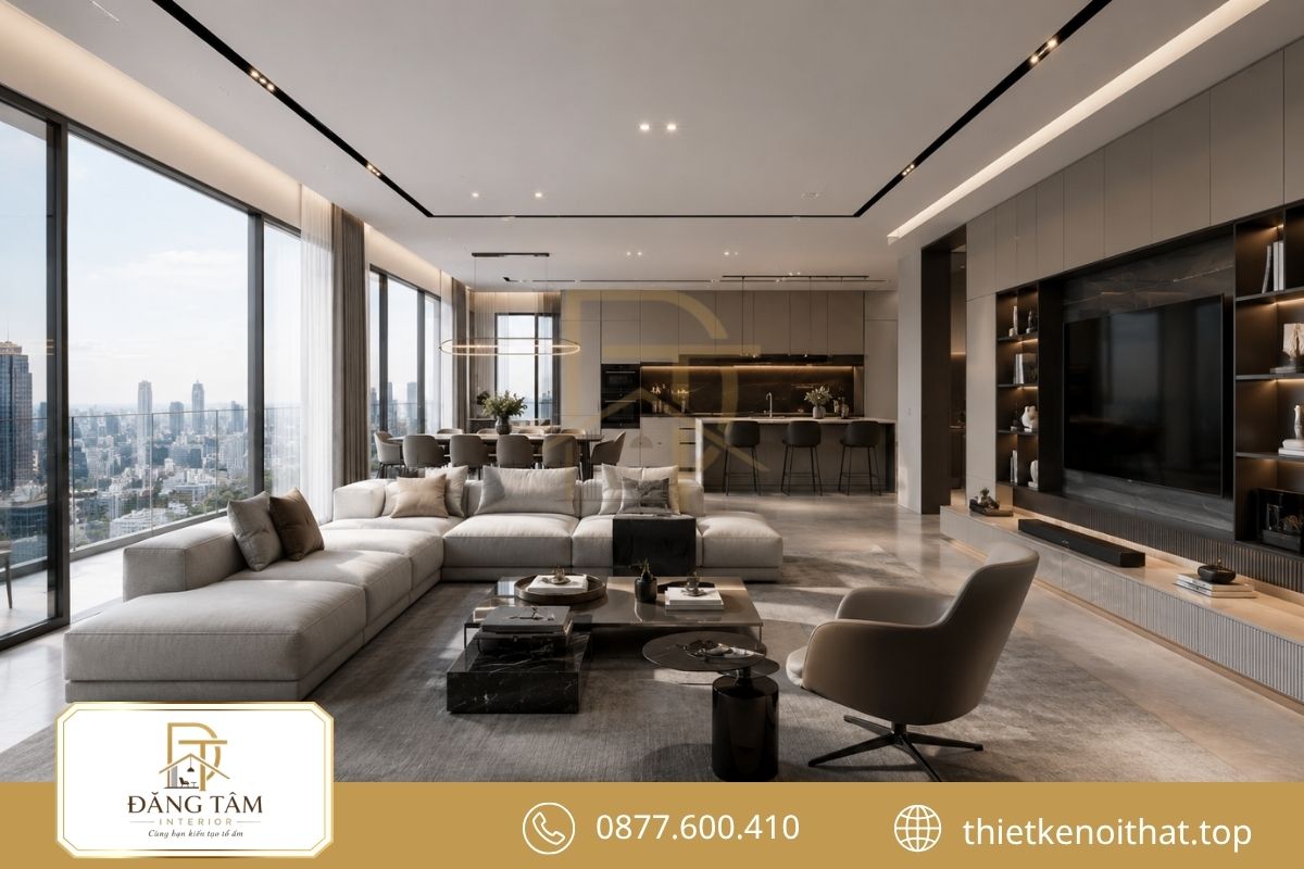 Penthouse hiện đại sở hữu mặt kính lớn và không gian sinh hoạt mởPenthouse hiện đại sở hữu mặt kính lớn và không gian sinh hoạt mở