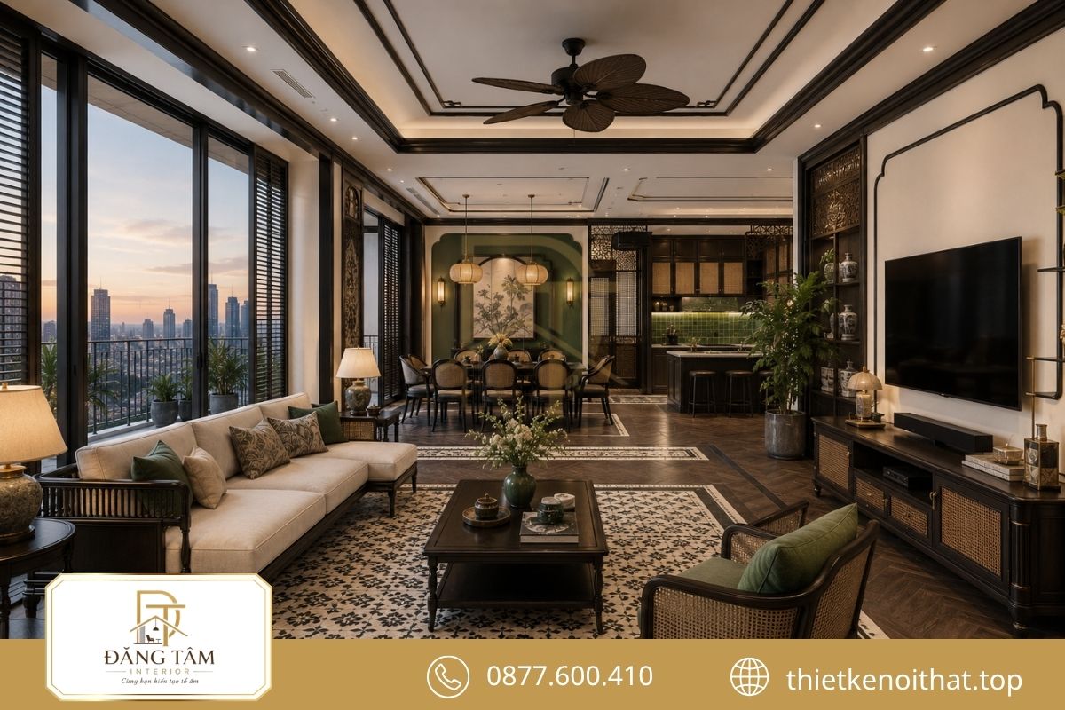 Penthouse Indochine kết hợp gỗ sẫm, mây tre và sắc xanh trầm. 