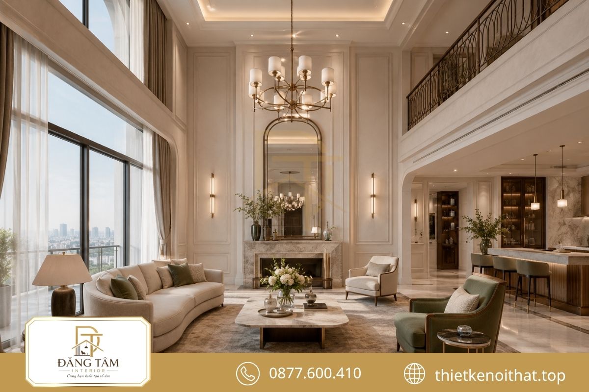 Penthouse tân cổ điển kết hợp phào mảnh và nội thất đường cong. 
