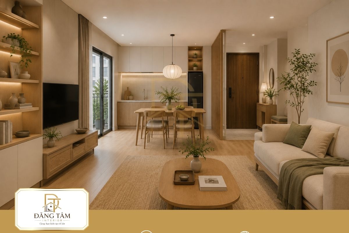 Phòng khách liền bếp mở rộng tầm nhìn cho căn hộ 56m2.