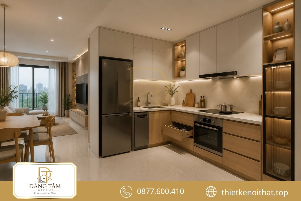 Bếp chữ L bố trí thiết bị hợp lý và tăng không gian lưu trữ. 
