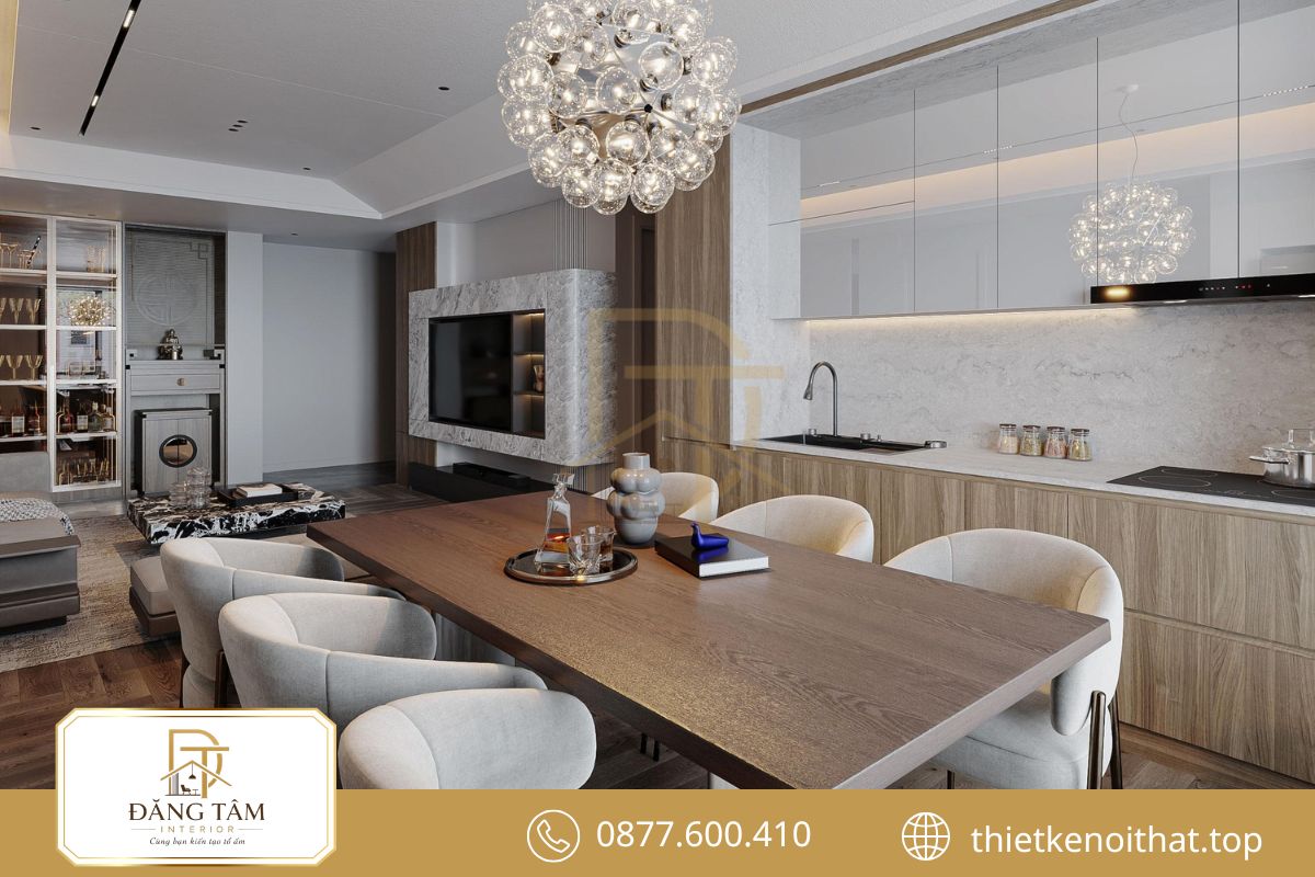 Khu bếp trong nội thất nhà chung cư 70m2 bố trí khoa học và tiện lợi