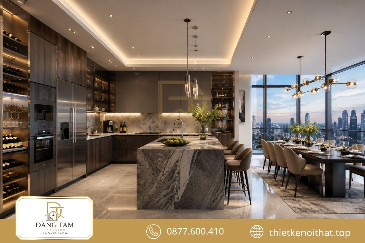 Bếp đảo kết nối khu ăn uống, tích hợp thiết bị hiện đại và tủ rượu. 