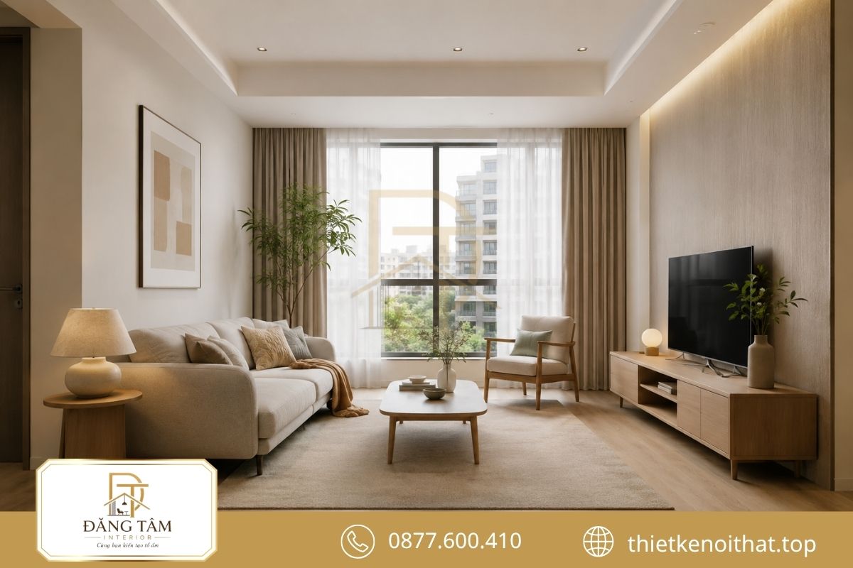 Phòng khách chung cư 56m2 bố trí sofa nhỏ và kệ tivi gọn