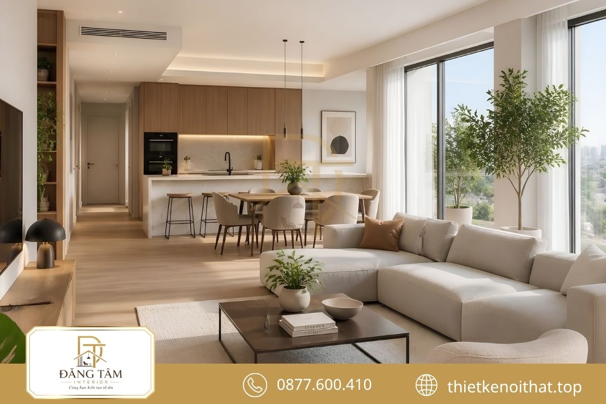 Phòng khách liên thông bếp tạo không gian thiết kế nội thất chung cư 110m2 rộng thoáng 