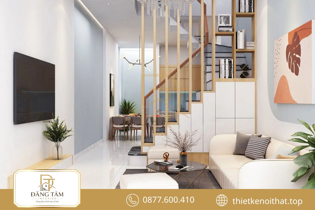 Cầu thang kết nối khéo léo giúp phòng khách thông thoáng và liền mạch hơn