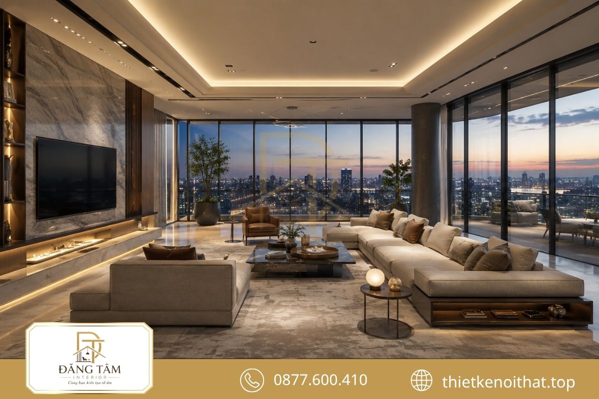 Phòng khách Penthouse rộng thoáng với tầm nhìn thành phố và ánh sáng phân lớp. 