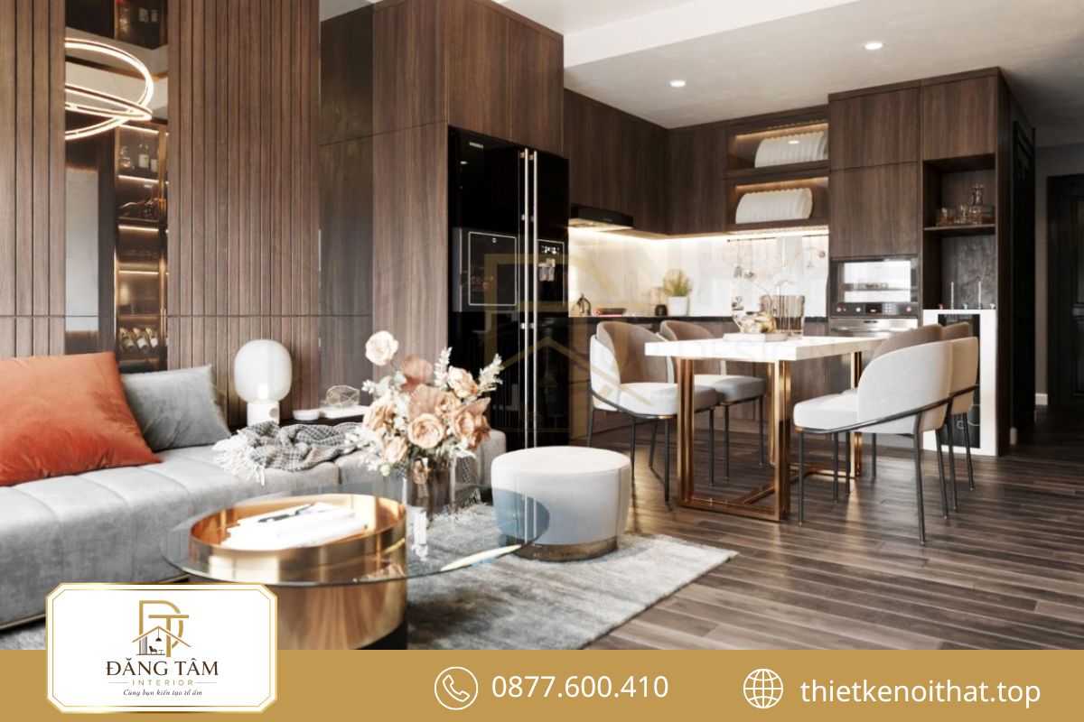 Phòng khách hài hòa màu sắc, nội thất tinh gọn tạo điểm nhấn sang trọng và ấm cúng