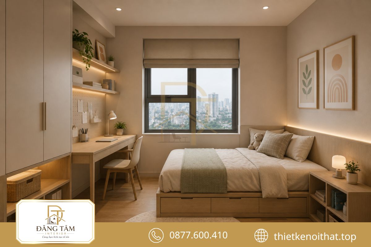 Thiết kế phòng ngủ nhỏ căn hộ 68m2 linh hoạt với bàn học và hệ tủ lưu trữ 