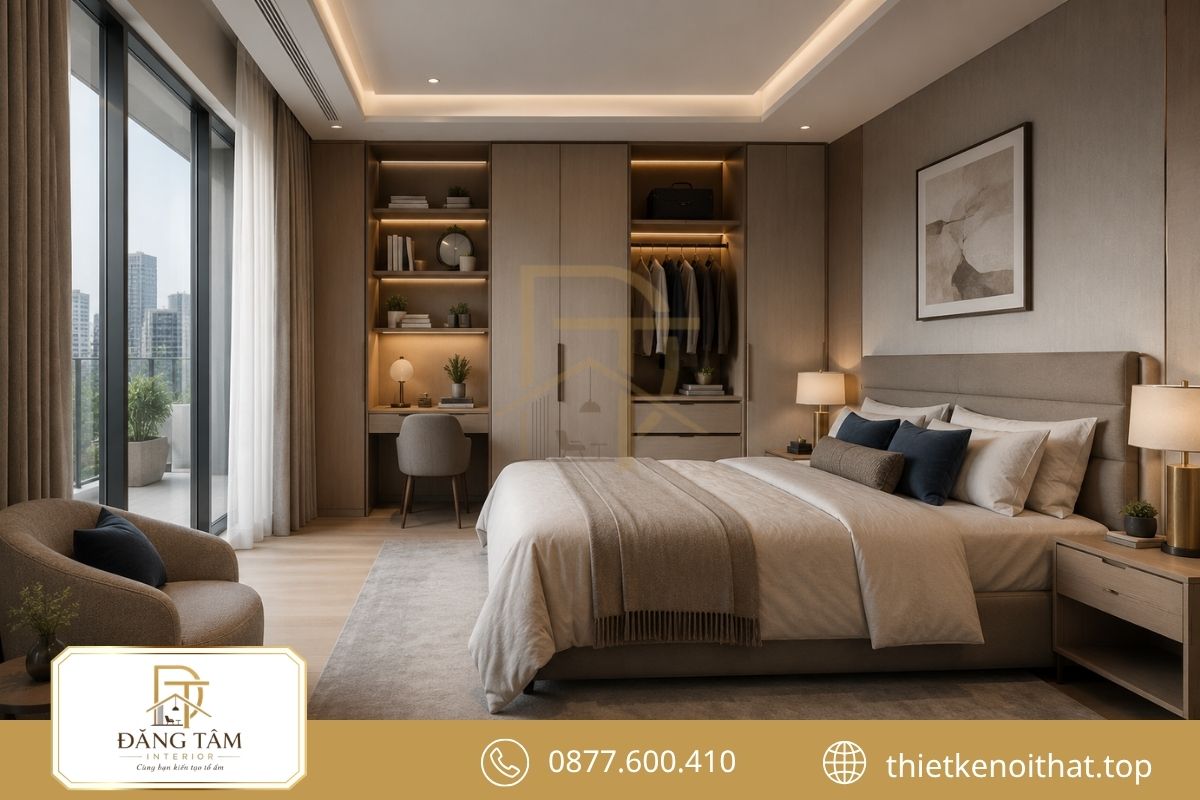 Phòng ngủ phụ bố trí bàn làm việc, tủ quần áo và ghế đọc sách. 