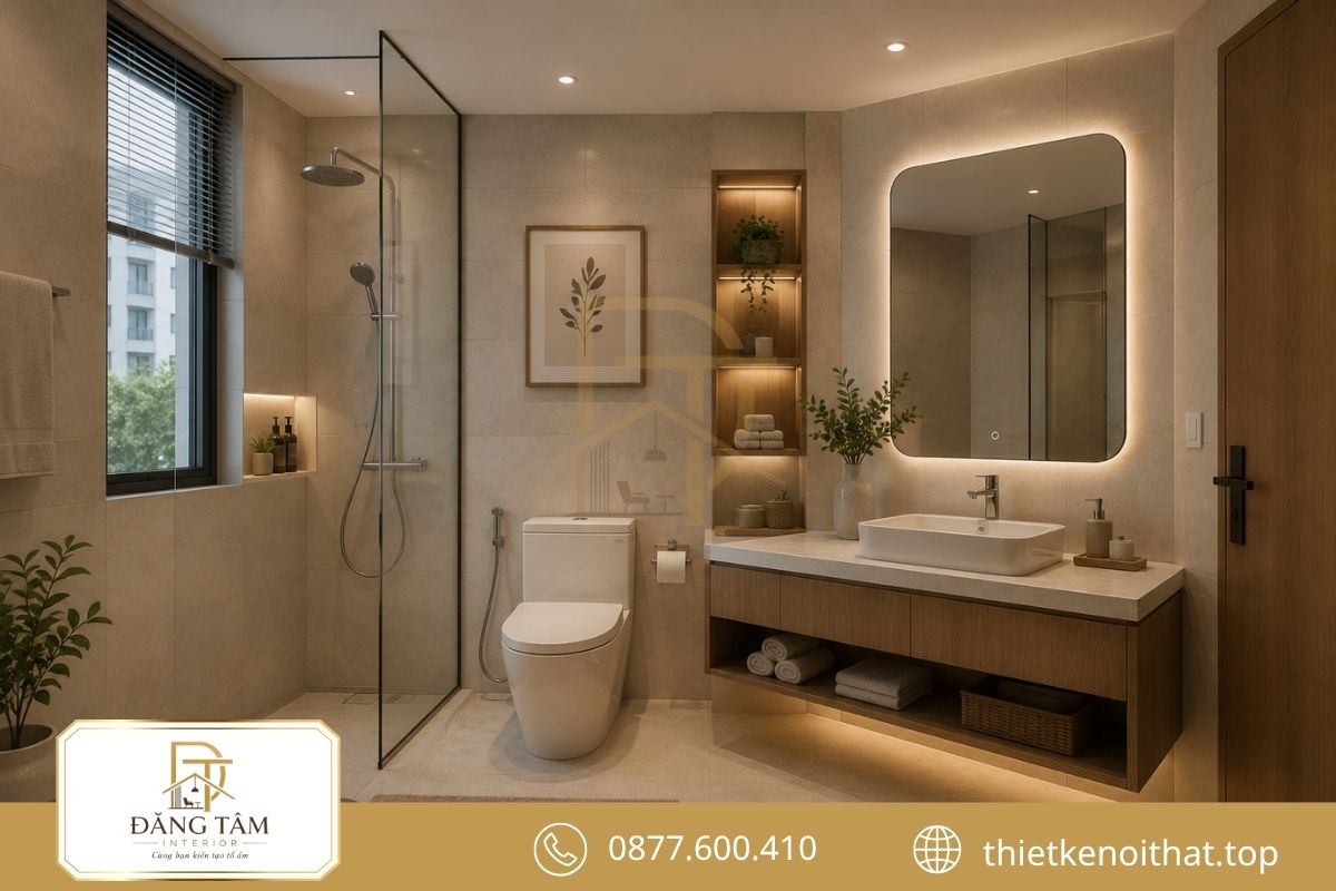 Phòng tắm nhỏ sử dụng vách kính và tủ lavabo chống ẩm