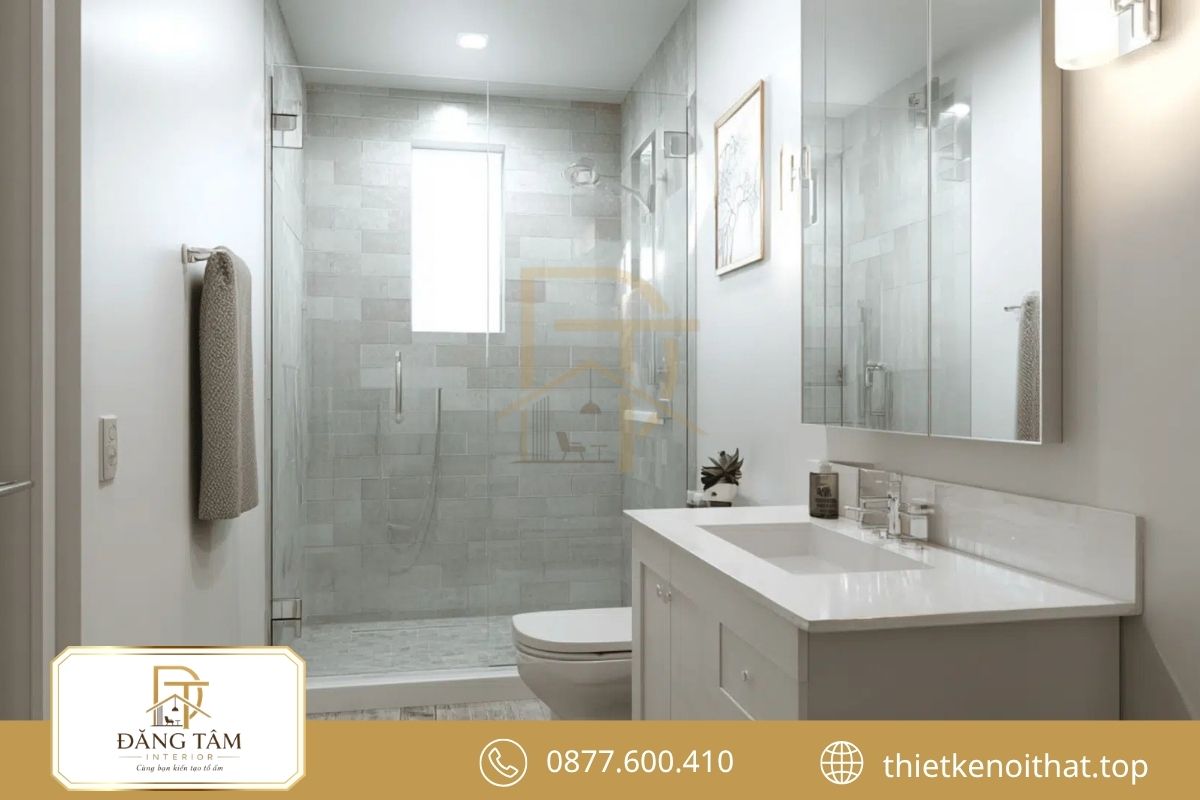 Phòng tắm nhỏ sử dụng vách kính và tủ lavabo chống ẩm