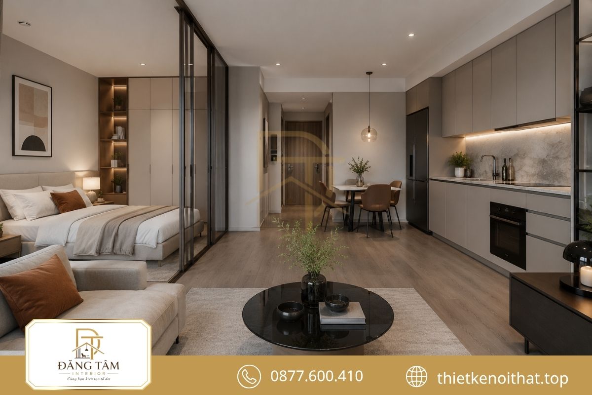 Studio hiện đại nổi bật với đường nét gọn và công năng rõ ràng.