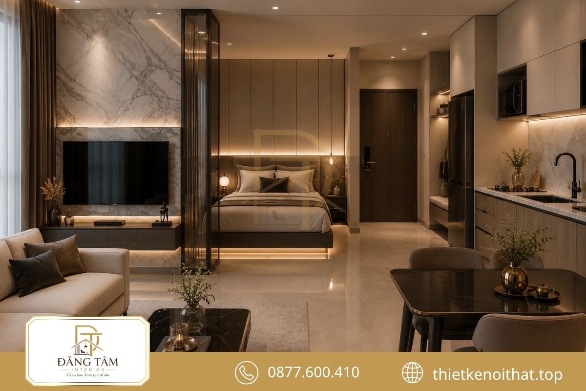 Studio Luxury sang trọng nhờ vật liệu tinh tế và điểm nhấn vừa đủ.