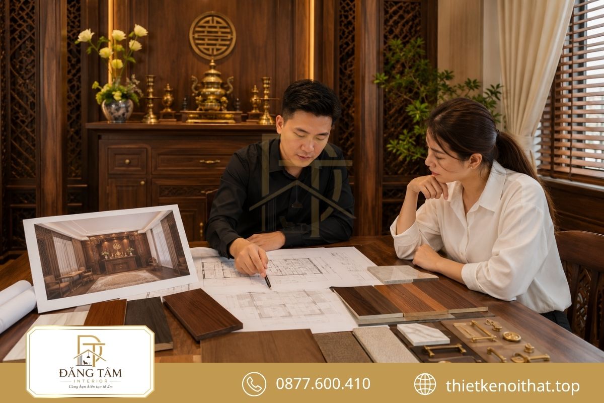 Ảnh minh họa quá trình thiết kế, đối chiếu vật liệu và hoàn thiện phương án phòng thờ.