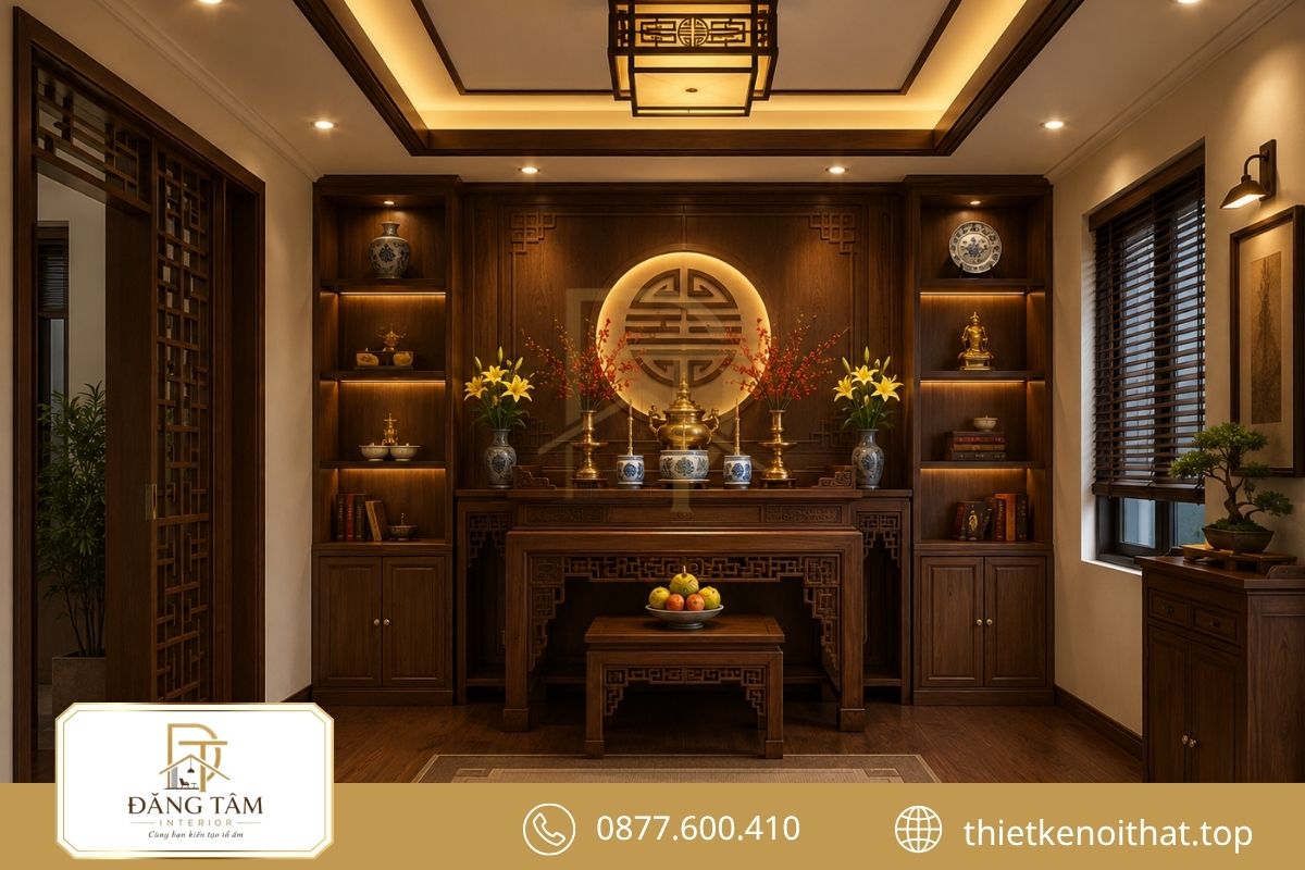Trần gọn, sàn gỗ, đèn vàng và tủ lưu trữ được bố trí đồng bộ.