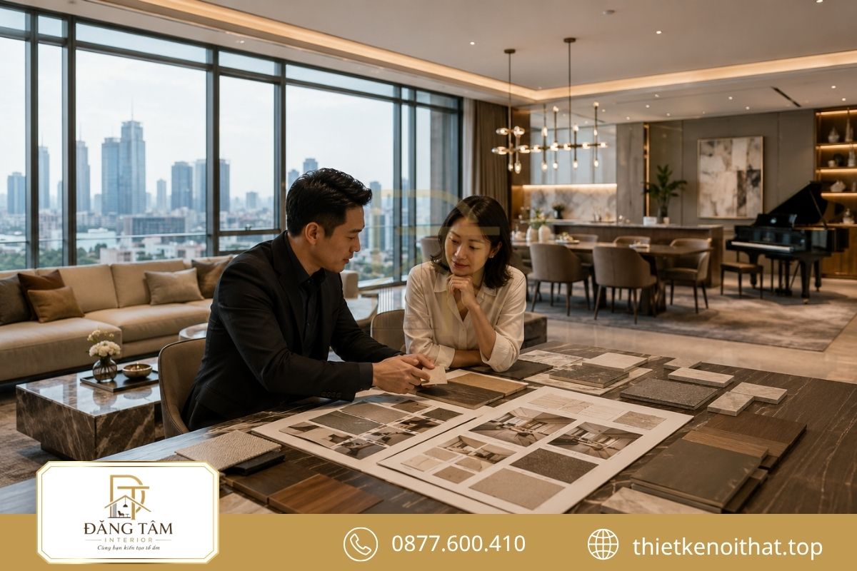 Đăng Tâm Interior tư vấn phương án thiết kế Penthouse, đối chiếu vật liệu và bố cục không gian theo nhu cầu thực tế của gia chủ.