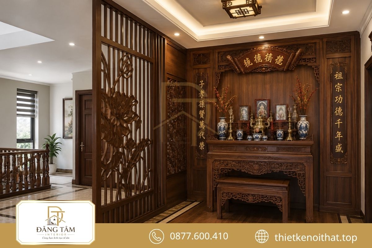 Vách gỗ, hoành phi và câu đối tạo không gian thờ trang trọng.
