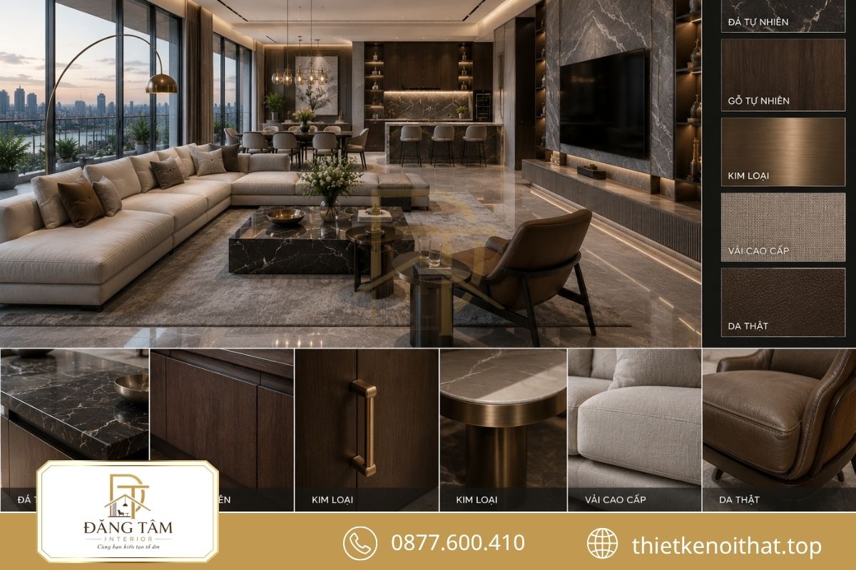 Đá, gỗ, kim loại, vải và da tạo chiều sâu cho Penthouse
