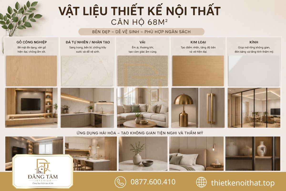 Các mẫu gỗ, đá, vải và kim loại dùng trong thiết kế nội thất căn hộ 68m2 