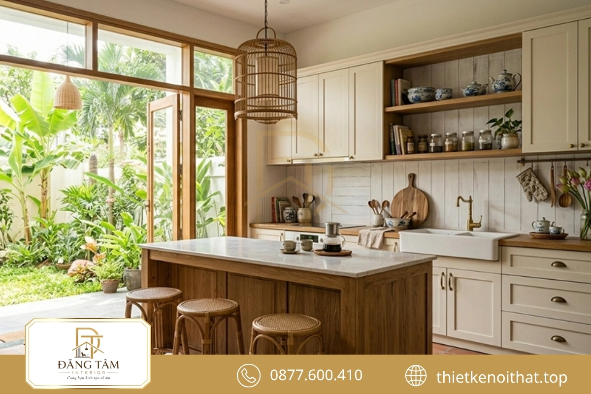 Bếp phong cách nội thất đồng quê kết hợp chất liệu mộc cùng tiện nghi đời sống