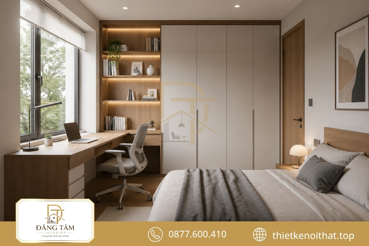Bàn làm việc liền tủ giúp phòng ngủ nhỏ giữ lối đi thông thoáng