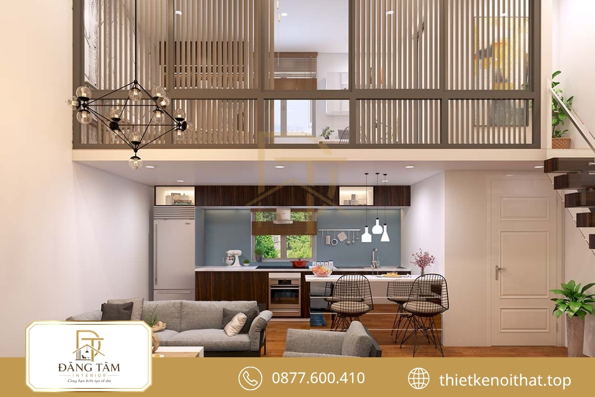 Gác lửng phía trên bếp và phòng ăn giữ mặt bằng gọn thoáng