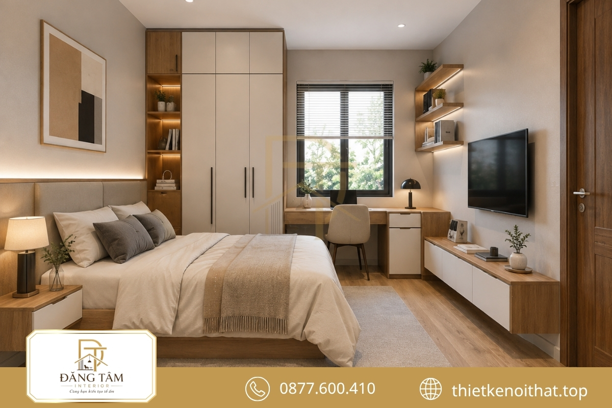 Bố trí nội thất phòng ngủ 16m2 cân đối giường, tủ và lối đi 