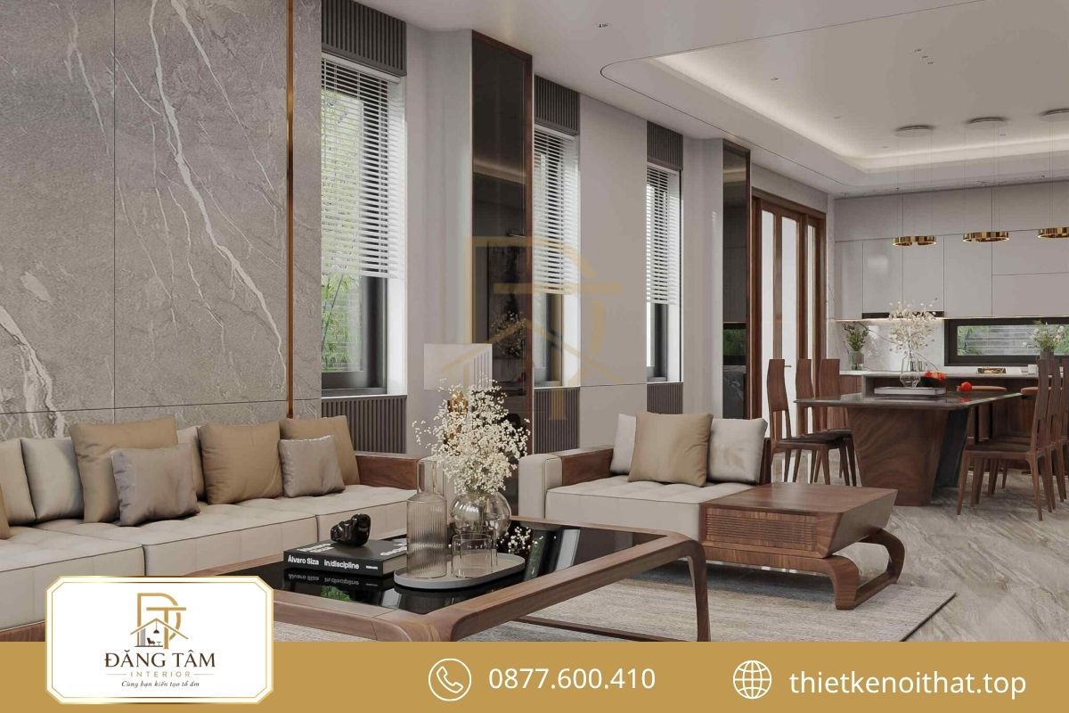 Phòng khách bố trí gọn theo chiều ngang mặt tiền nhà ống 