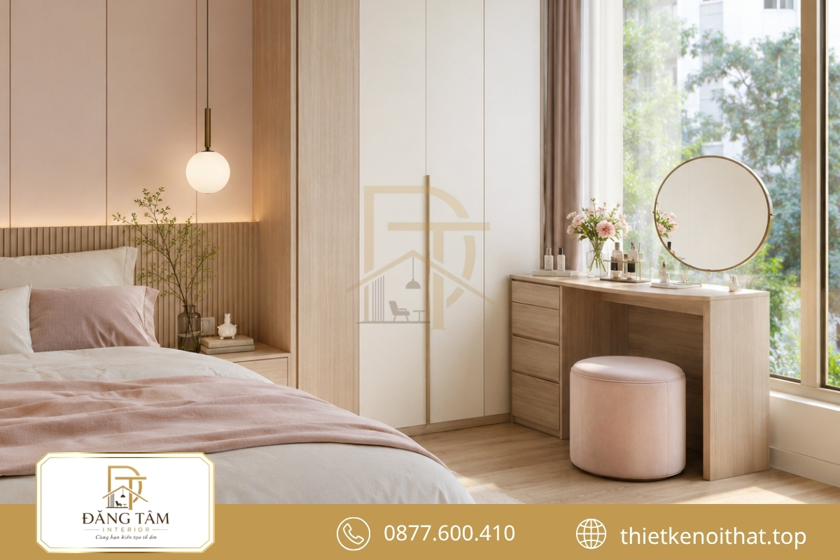 Bàn trang điểm cạnh cửa sổ tận dụng tốt nguồn sáng tự nhiên 