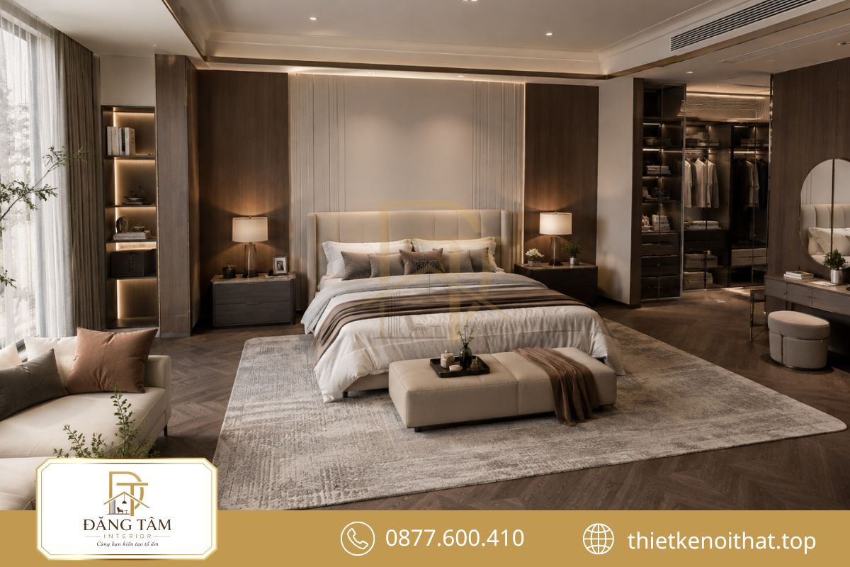 Khu giường trung tâm định hình bố cục và tạo điểm nhìn cân bằng cho phòng