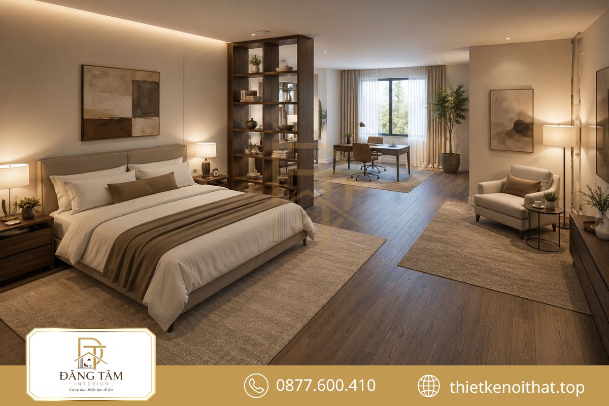 Các vùng chức năng rõ ràng giúp phòng ngủ lớn đầy đặn mà không chật chội
