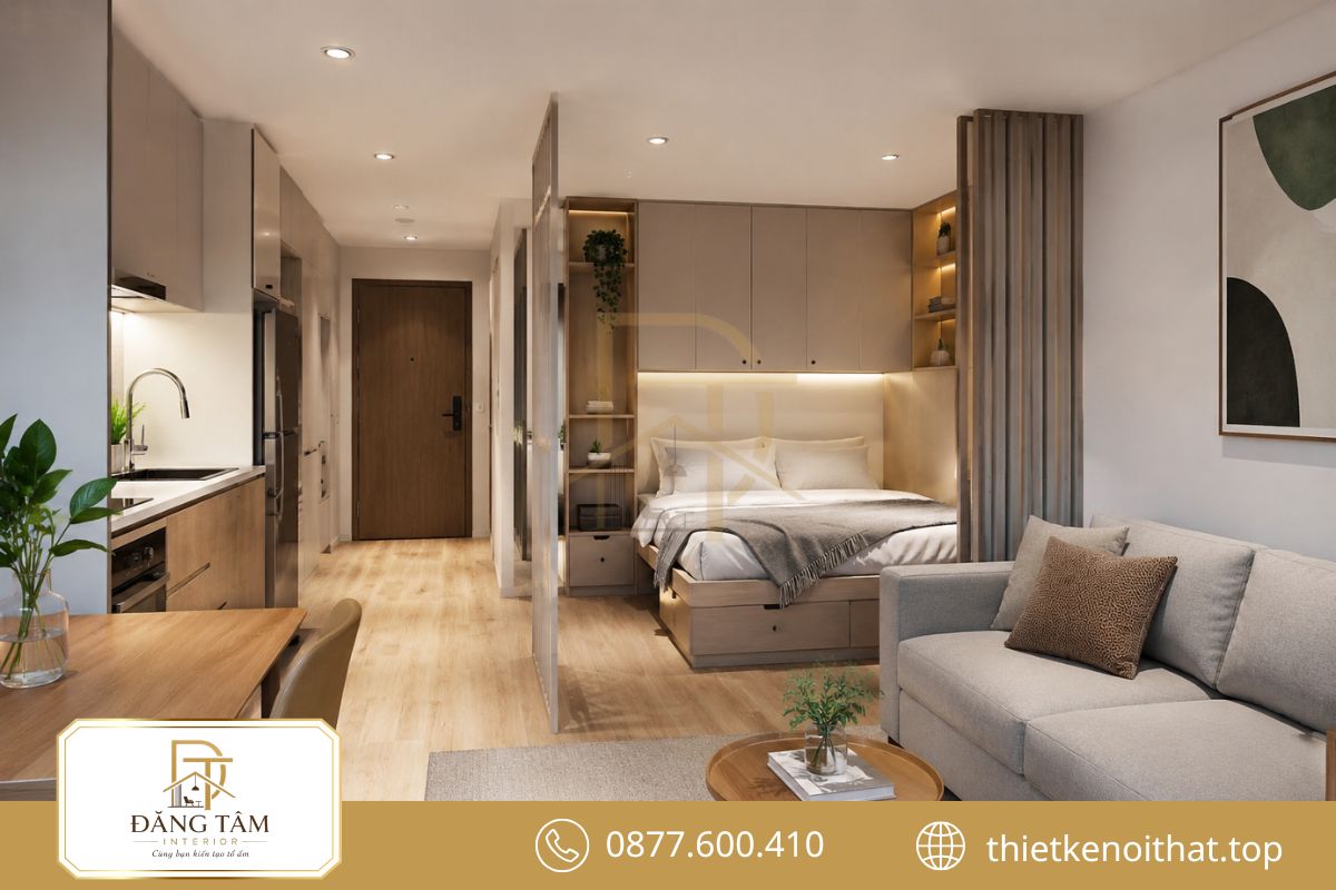 Studio gọn gàng thể hiện rõ hiệu quả cải tạo căn hộ chung cư diện tích nhỏ