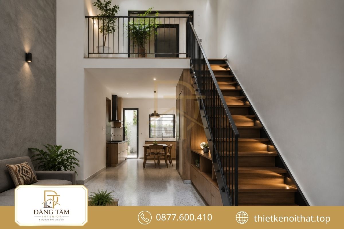 Cầu thang gọn nhẹ tạo luồng di chuyển thuận tiện giữa hai tầng