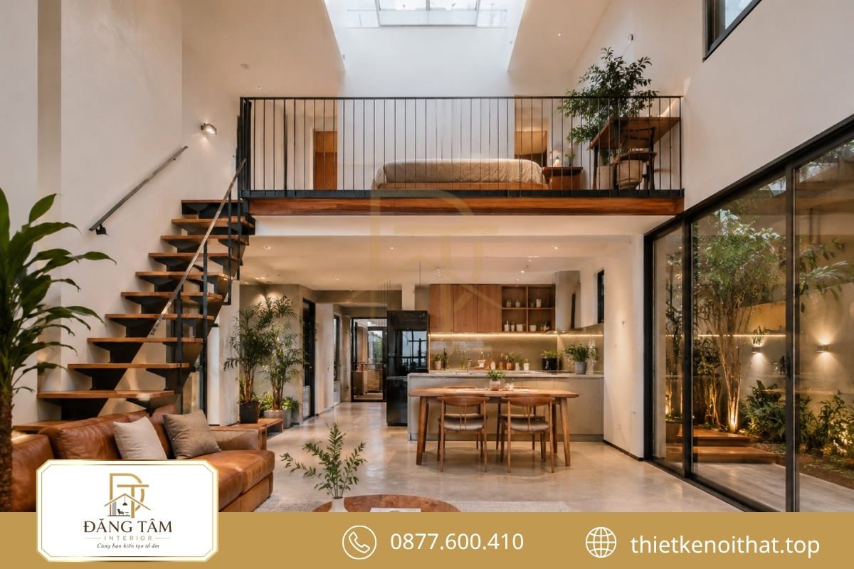 Cải tạo nhà cấp 4 60m2 có gác lửng, giếng trời và cửa kính 