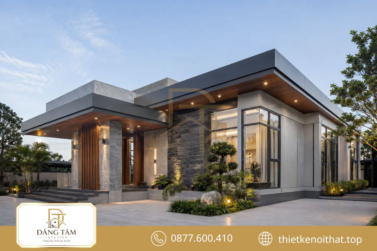 Biệt thự hiện đại nổi bật với đường nét gọn và vật liệu tinh tế