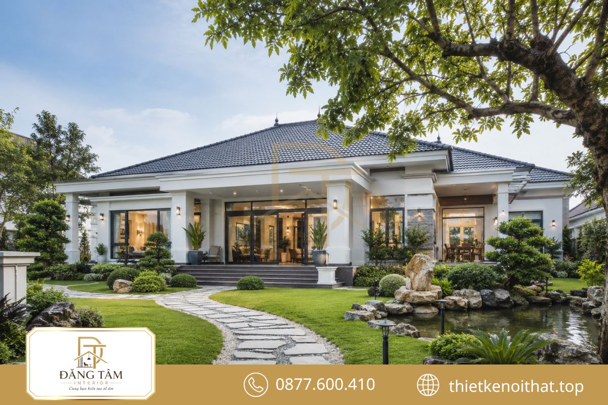 Sân vườn xanh kết nối không gian sống thành tổng thể biệt thự thư thái