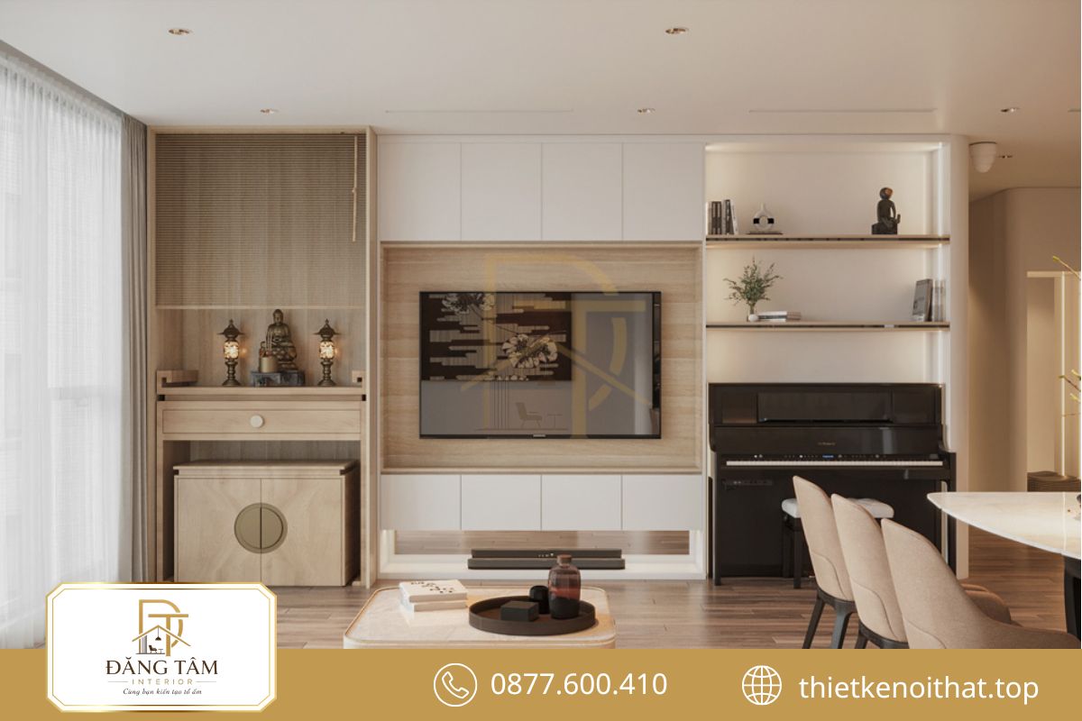Bàn thờ bố trí cân đối giúp phòng khách duy trì công năng sinh hoạt thuận tiện