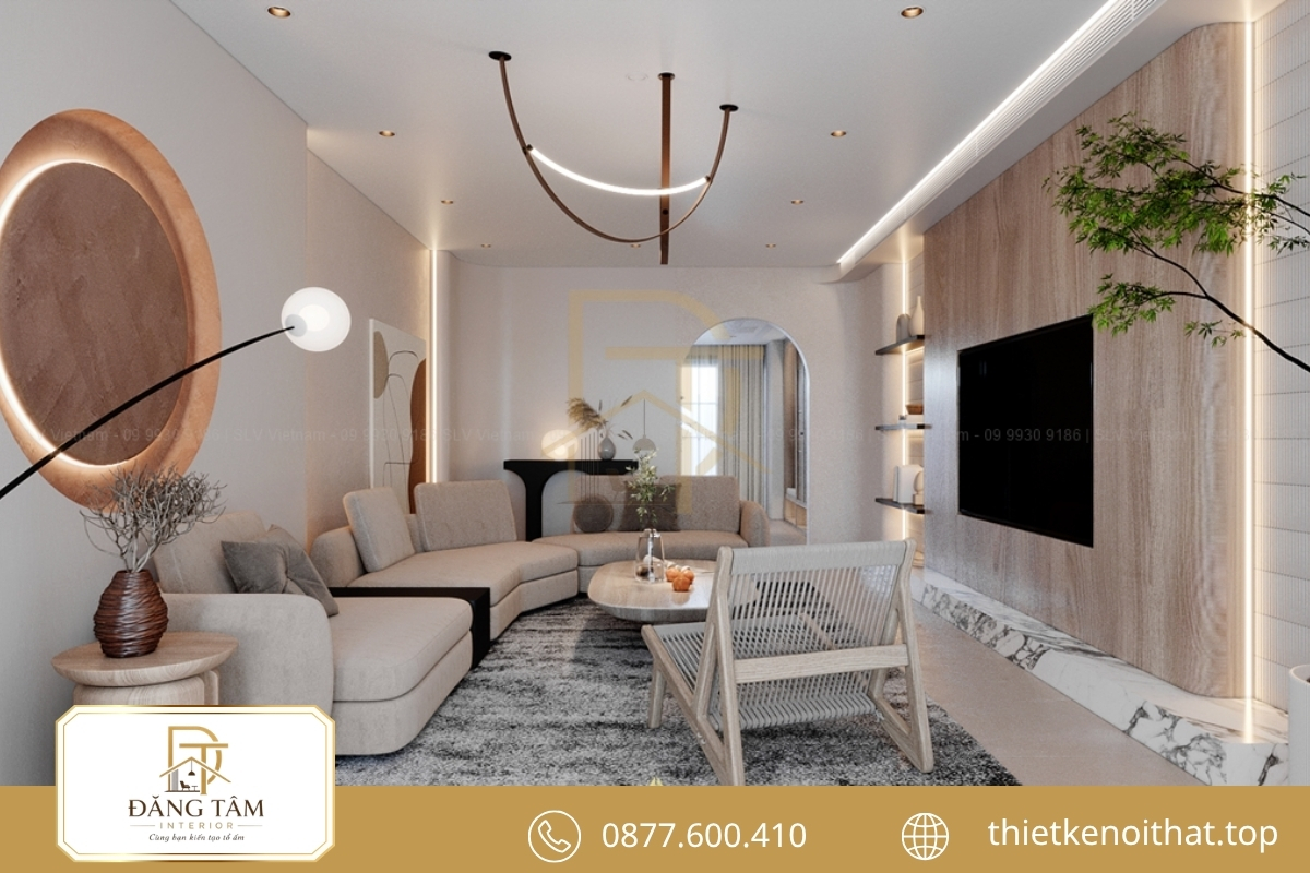 Không gian Wabi Sabi của Đăng Tâm Interior nổi bật với vật liệu mộc 