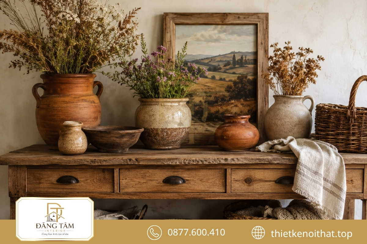 Chi tiết thủ công và gốm trang trí làm đậm dấu ấn phong cách nội thất đồng quê Country truyền thống