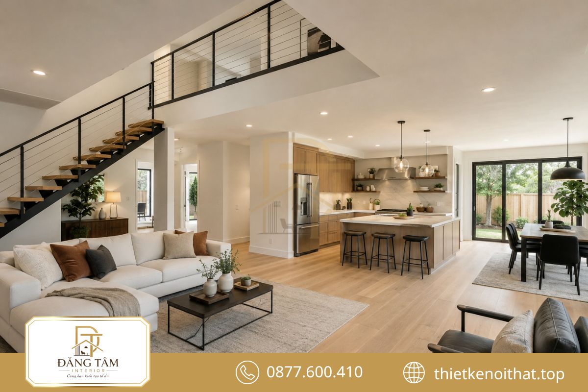 Không gian liên thông giúp phòng khách và bếp rộng thoáng hơn