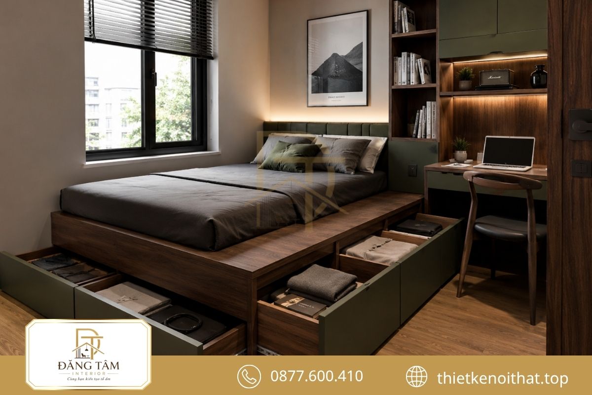 Giường bục tận dụng phần dưới để tăng sức chứa cho phòng nhỏ