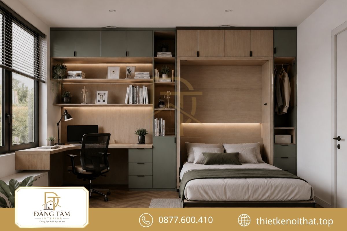 Giường gấp chuyển đổi linh hoạt giữa khu nghỉ ngơi và làm việc