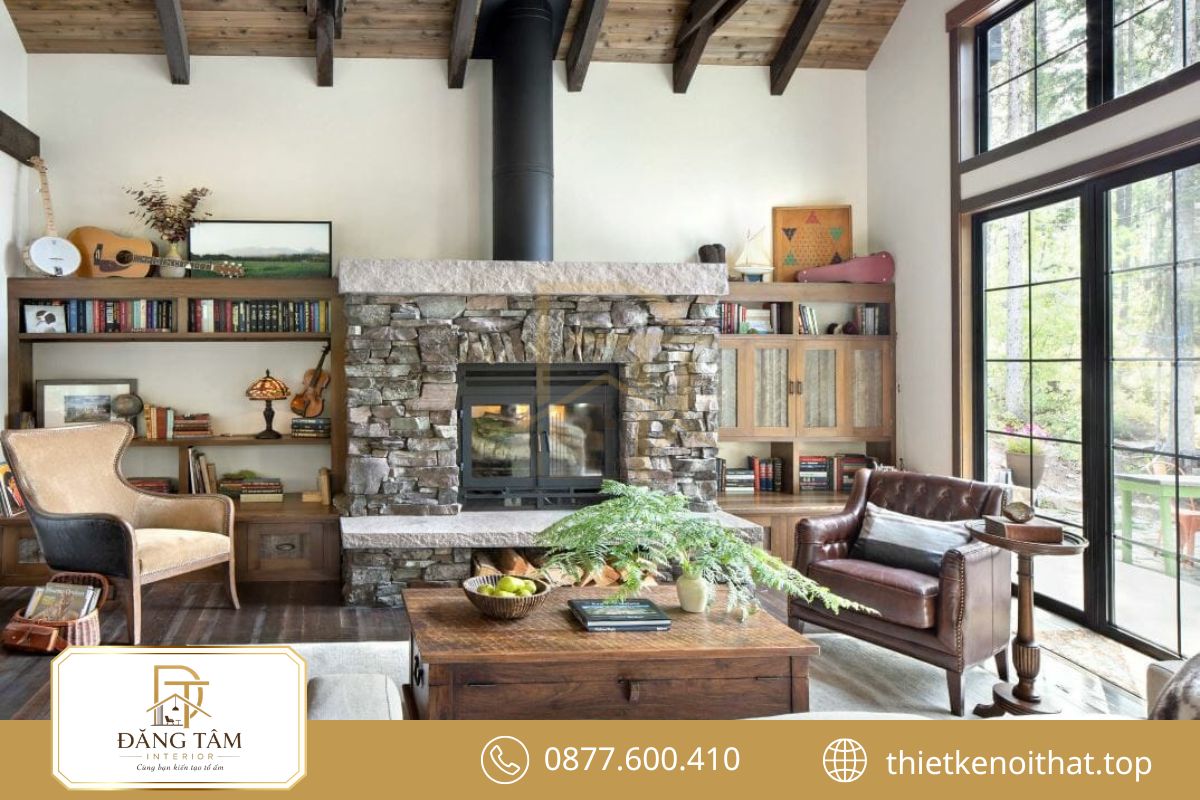 Gỗ và đá nguyên bản tạo nền tảng vững chắc cho phong cách nội thất Rustic