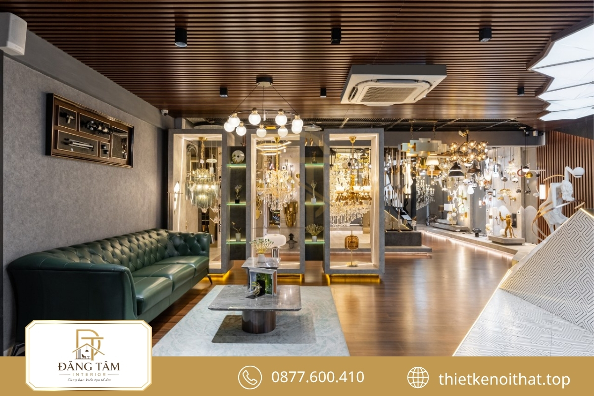 Thiết kế showroom đèn trang trí phân lớp ánh sáng theo từng khu sản phẩm