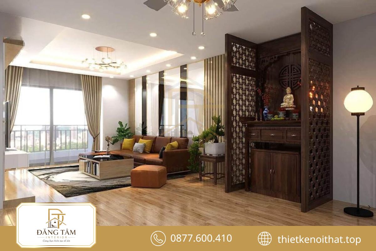 Chất liệu gỗ và màu sắc trang nhã tôn lên vẻ đẹp khu thờ